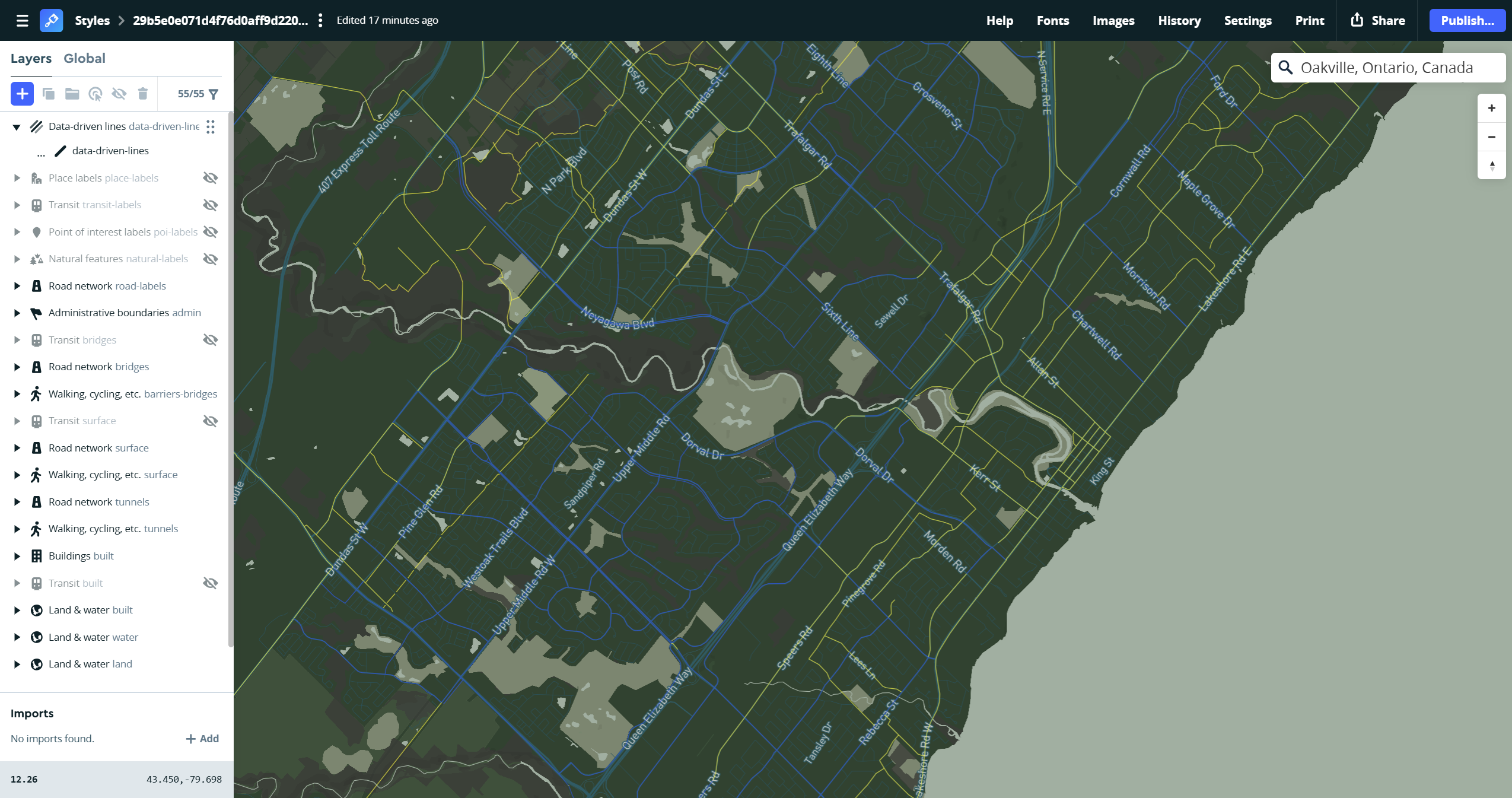 Bivariate map for cycling routes in oakville